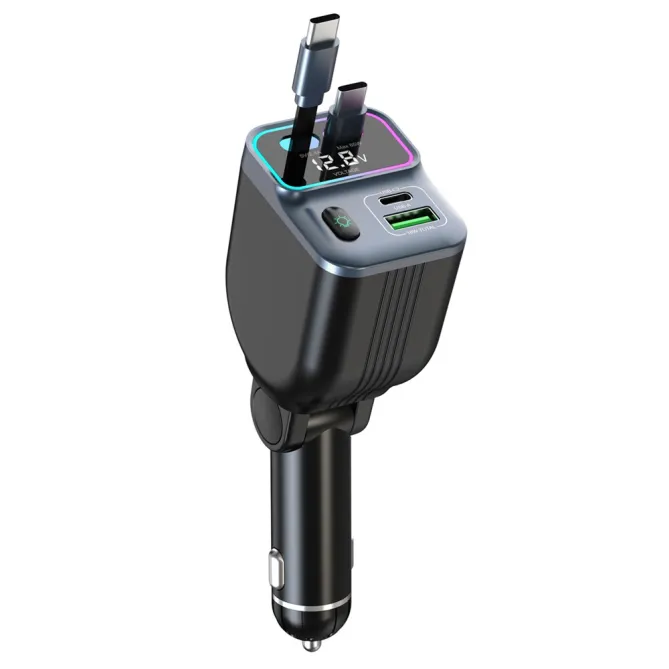 Chargeur Voiture 2 Câbles USB-C Rétractables Écran Voltage