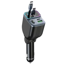 Chargeur Voiture 2 Câbles USB-C Rétractables Écran Voltage