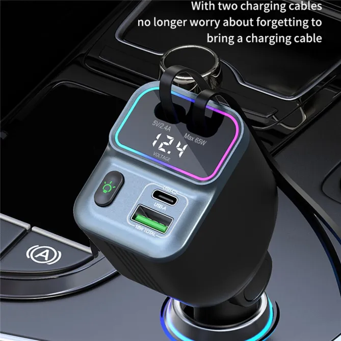 Chargeur Voiture 2 Câbles USB-C Rétractables Écran Voltage