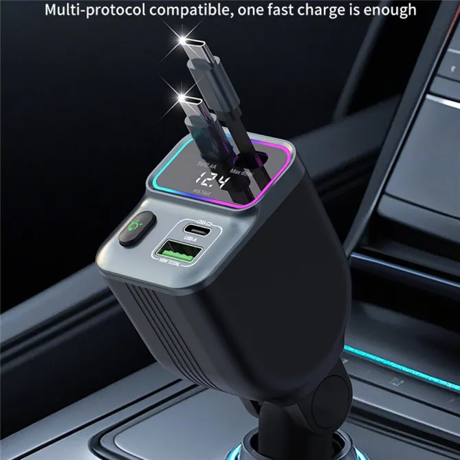 Chargeur Voiture 2 Câbles USB-C Rétractables Écran Voltage