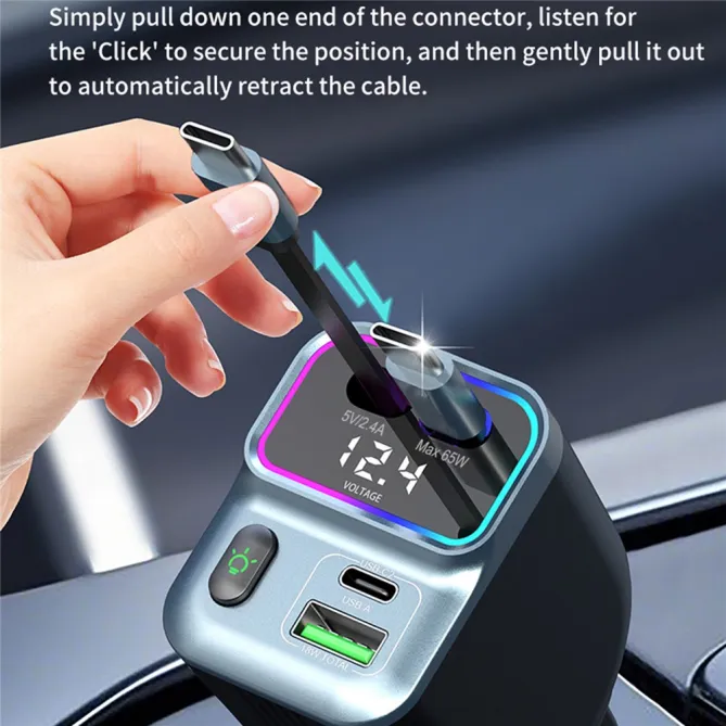 Chargeur Voiture 2 Câbles USB-C Rétractables Écran Voltage