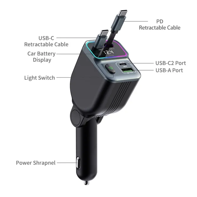 Chargeur Voiture 2 Câbles USB-C Rétractables Écran Voltage
