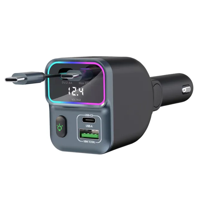 Chargeur Voiture 2 Câbles USB-C Rétractables Écran Voltage