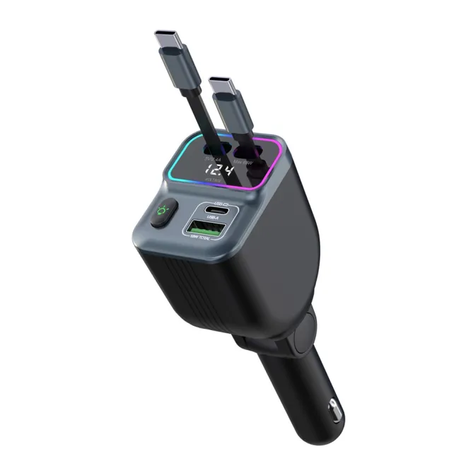 Chargeur Voiture 2 Câbles USB-C Rétractables Écran Voltage