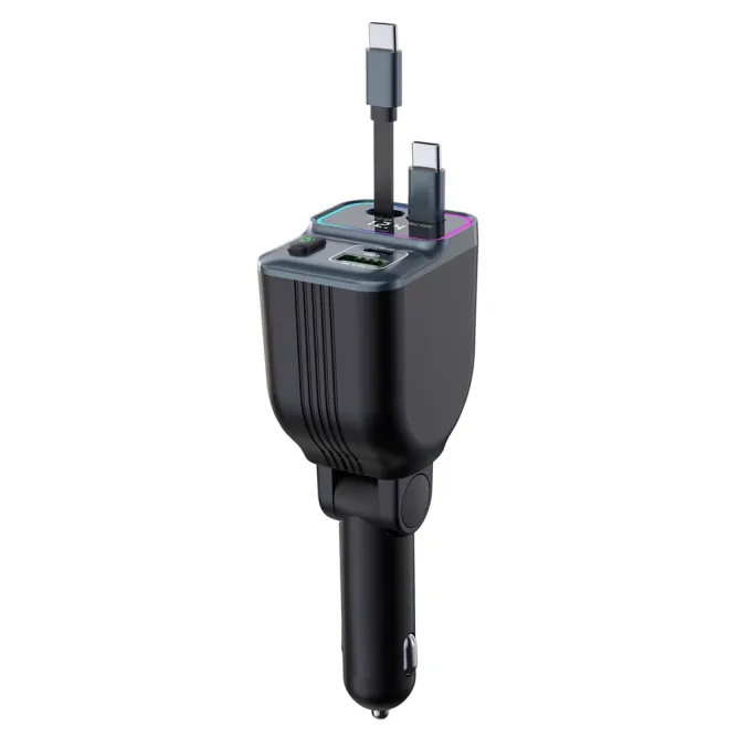Chargeur Voiture 2 Câbles USB-C Rétractables Écran Voltage