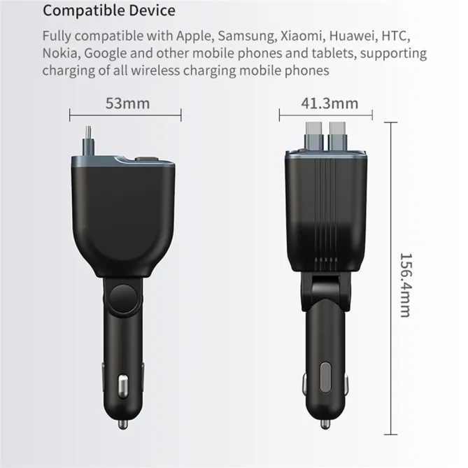 Chargeur Voiture 2 Câbles USB-C Rétractables Écran Voltage