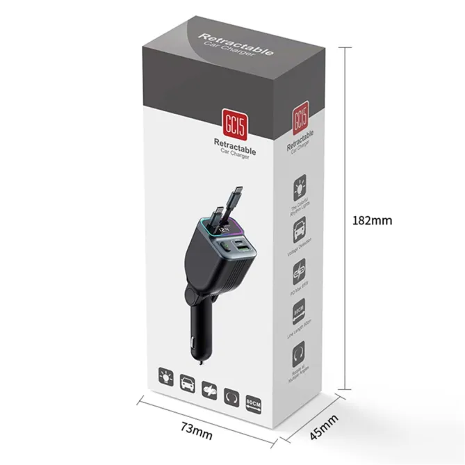 Chargeur Voiture 2 Câbles USB-C Rétractables Écran Voltage