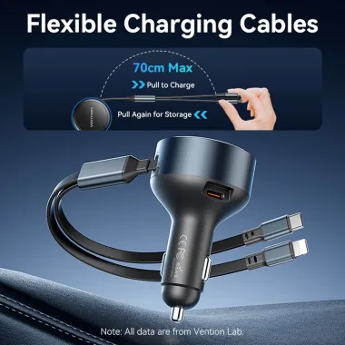 Chargeur Voiture Vention 30W Câbles USB-C et Lightning Intégrés