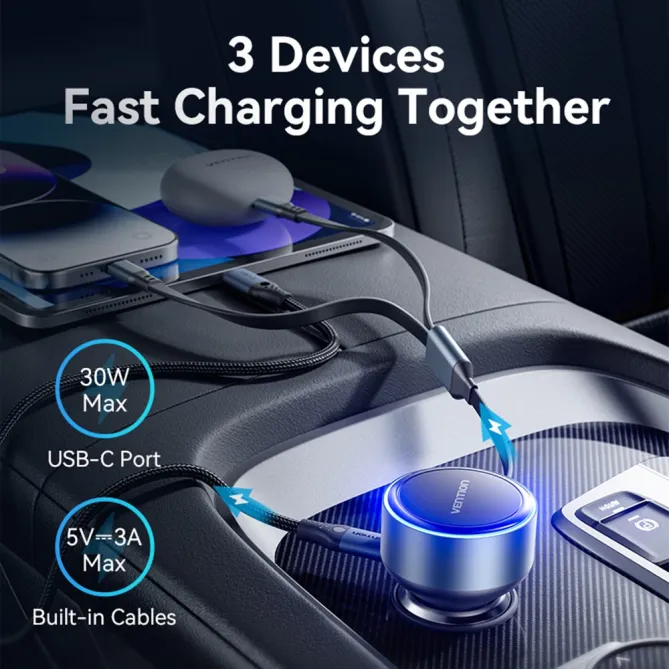 Chargeur Voiture Vention 30W Câbles USB-C et Lightning Intégrés