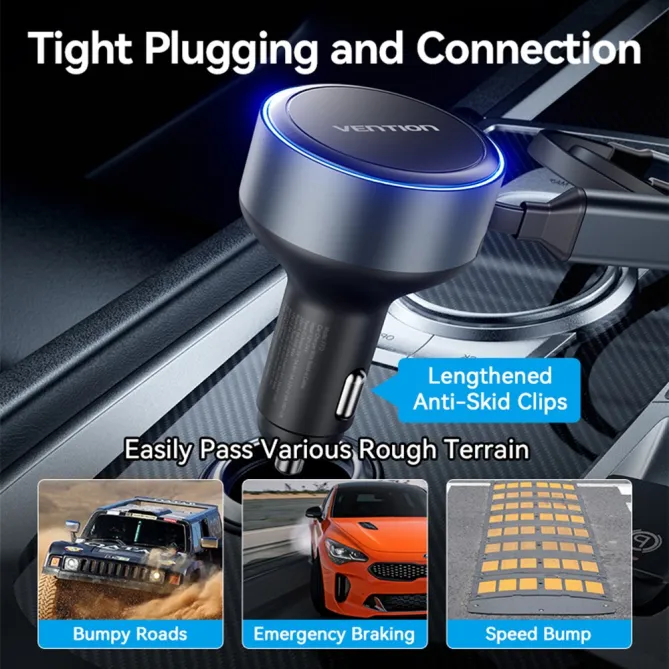 Chargeur Voiture Vention 30W Câbles USB-C et Lightning Intégrés