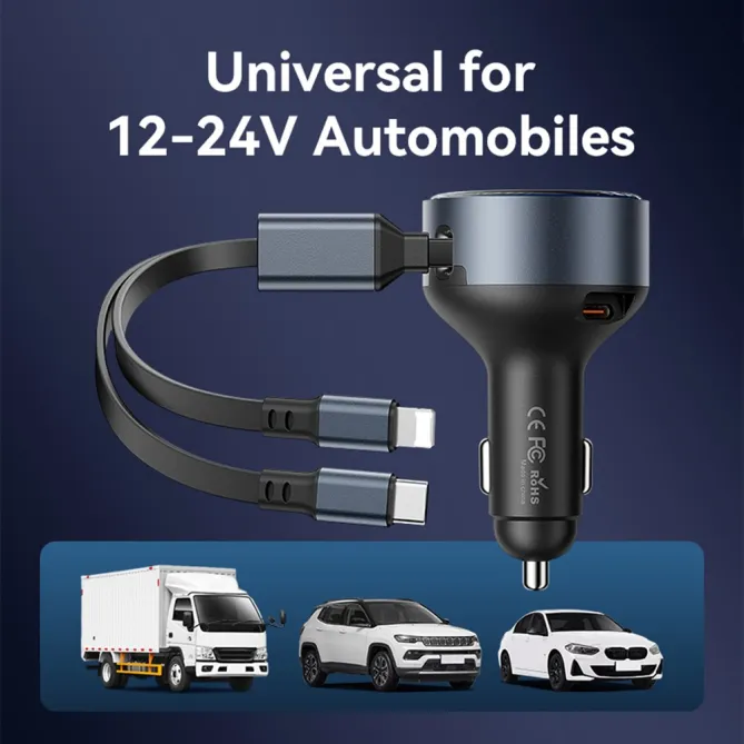 Chargeur Voiture Vention 30W Câbles USB-C et Lightning Intégrés