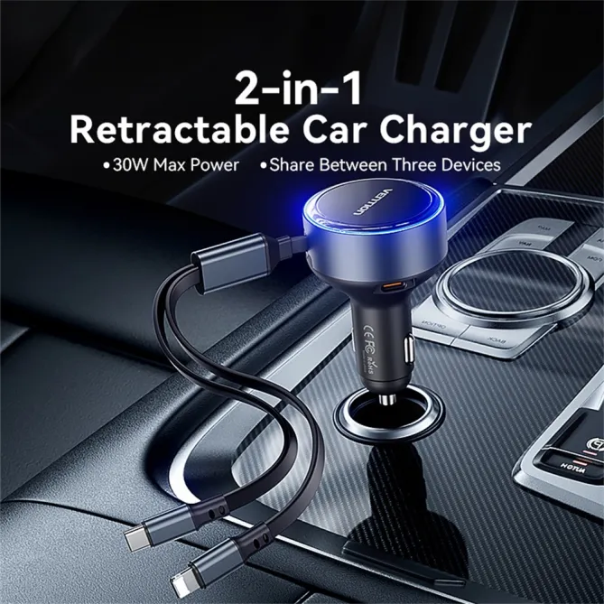 Chargeur Voiture Vention 30W Câbles USB-C et Lightning Intégrés