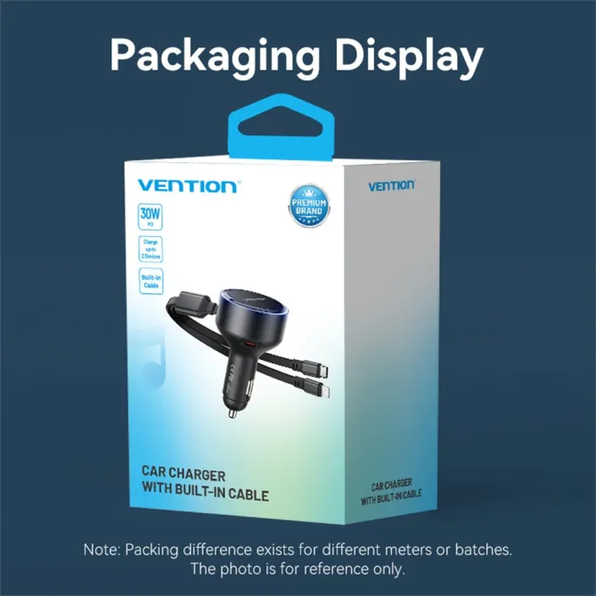 Chargeur Voiture Vention 30W Câbles USB-C et Lightning Intégrés