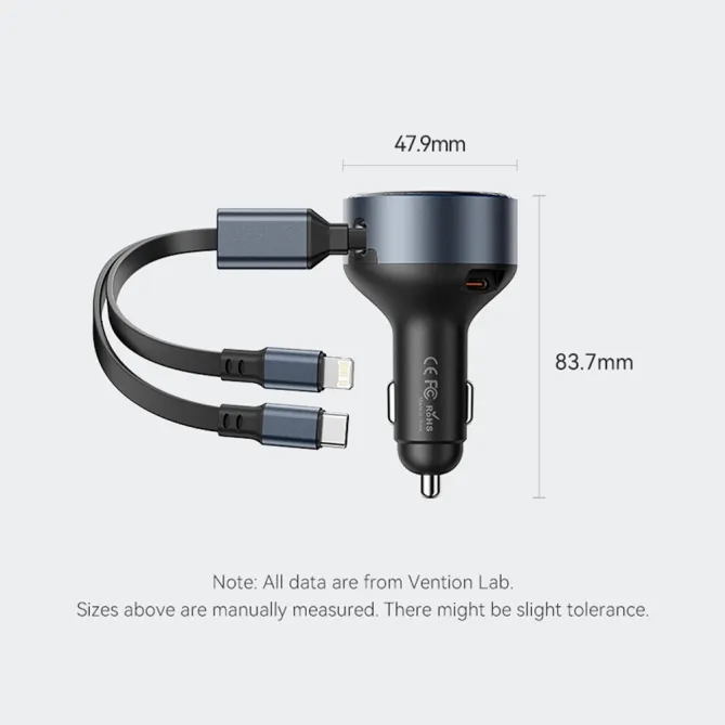 Chargeur Voiture Vention 30W Câbles USB-C et Lightning Intégrés