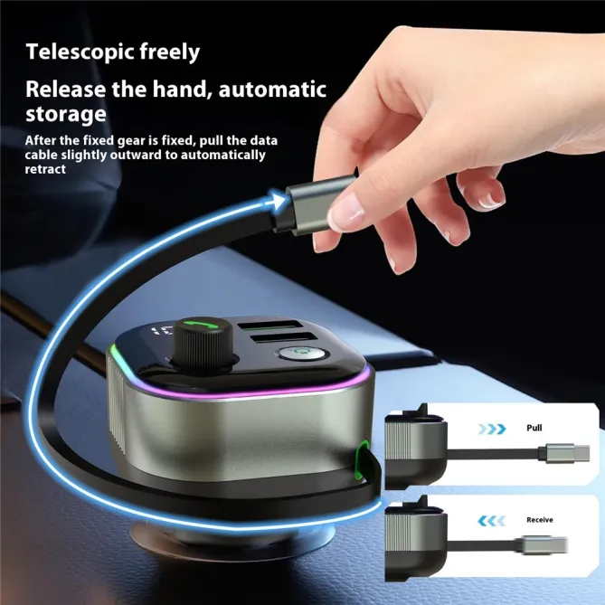 Transmetteur FM Bluetooth Chargeur Voiture 65W Câble Rétractable