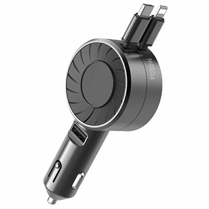 Chargeur Voiture Turbine Câbles USB-C et Lightning Rétractables