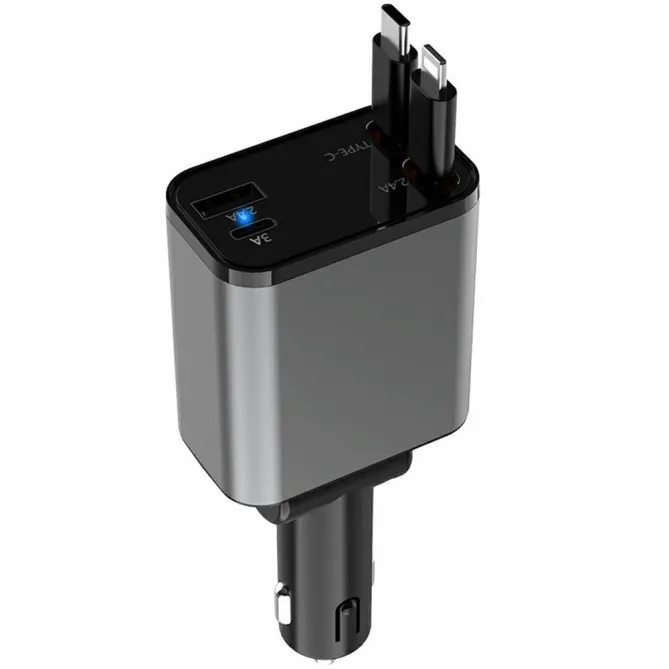 Chargeur Voiture Alliage Câbles Duo Rétractables 52W