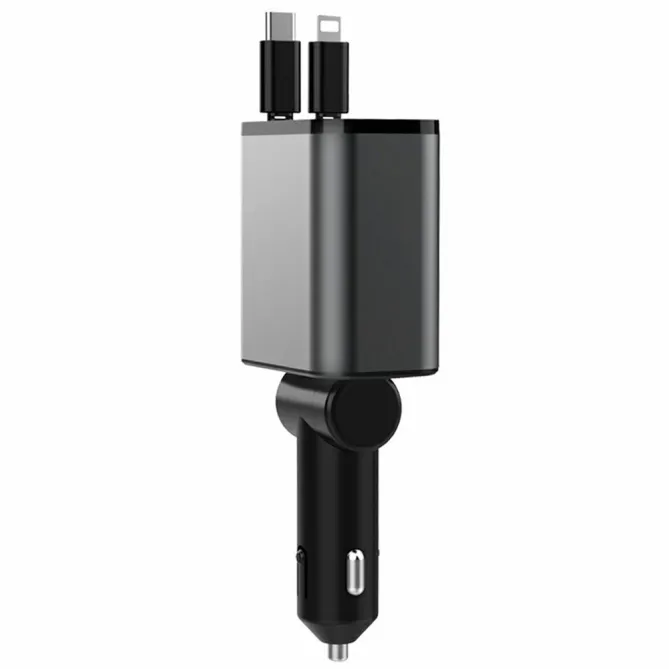 Chargeur Voiture Alliage Câbles Duo Rétractables 52W