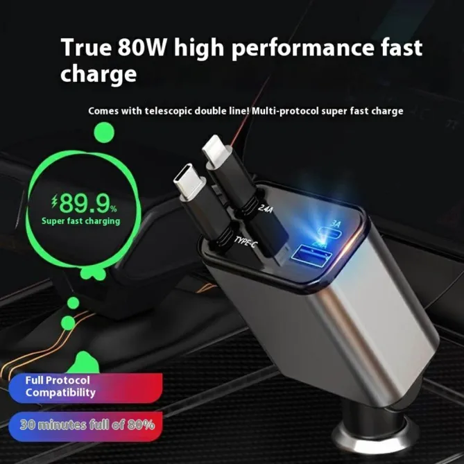 Chargeur Voiture Alliage Câbles Duo Rétractables 52W