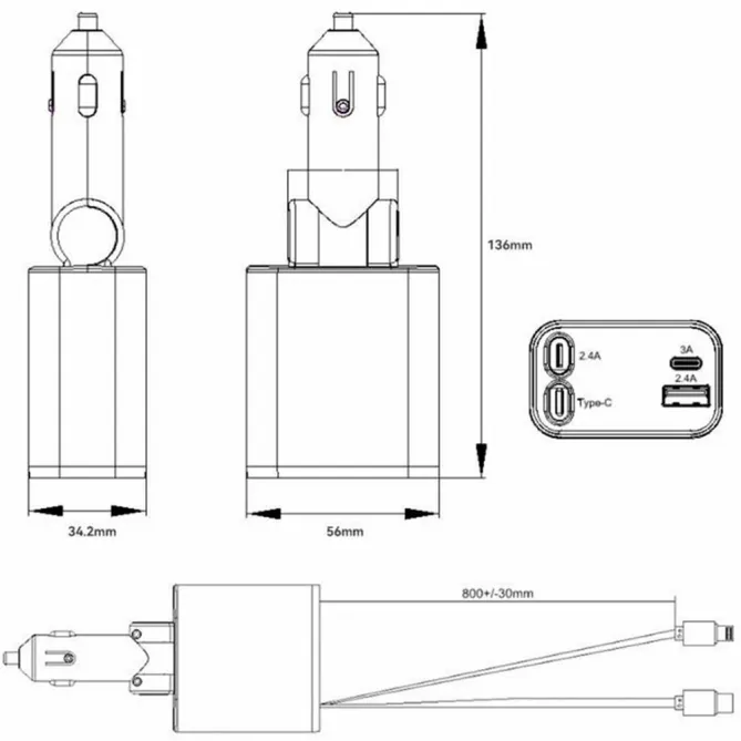 Chargeur Voiture Alliage Câbles Duo Rétractables 52W