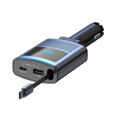 Chargeur Voiture 65W Câble USB-C Rétractable 1 Mètre