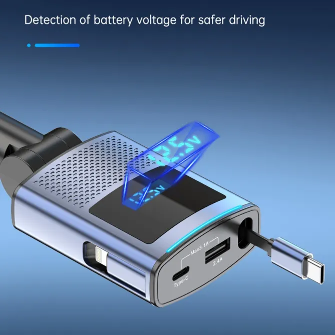 Chargeur Voiture 65W Câble USB-C Rétractable 1 Mètre