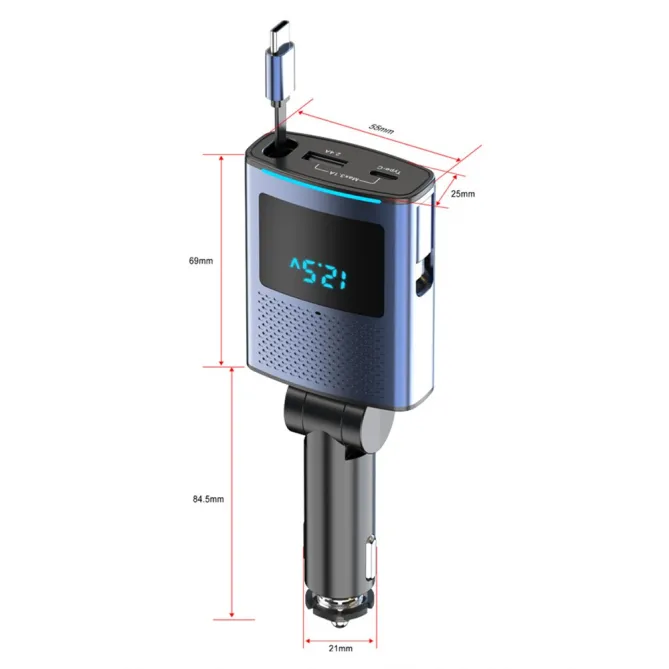 Chargeur Voiture 65W Câble USB-C Rétractable 1 Mètre