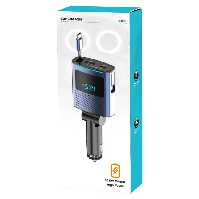 Chargeur Voiture 65W Câble USB-C Rétractable 1 Mètre