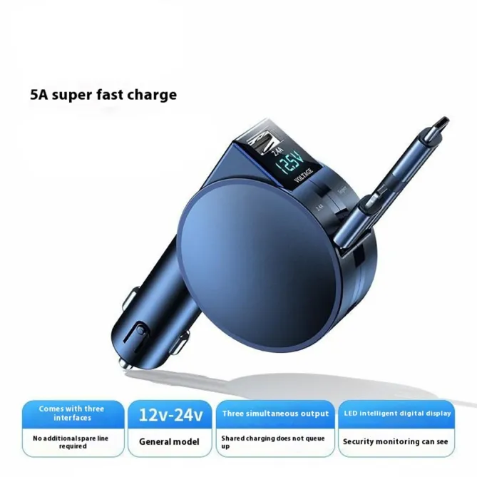 Chargeur Voiture Galet 60W Écran LED Câbles Rétractables