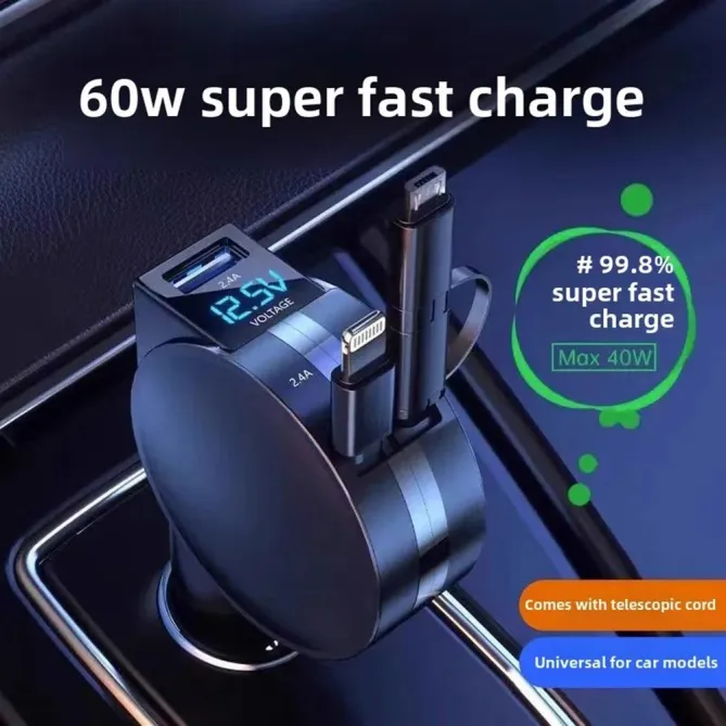 Chargeur Voiture Galet 60W Écran LED Câbles Rétractables