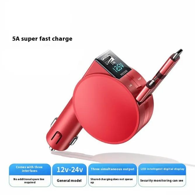 Chargeur Voiture Galet 60W Écran LED Câbles Rétractables