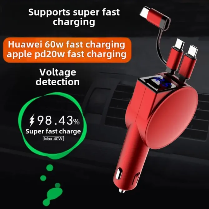 Chargeur Voiture Galet 60W Écran LED Câbles Rétractables