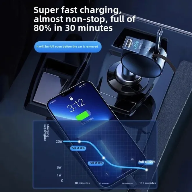 Chargeur Voiture Galet 60W Écran LED Câbles Rétractables
