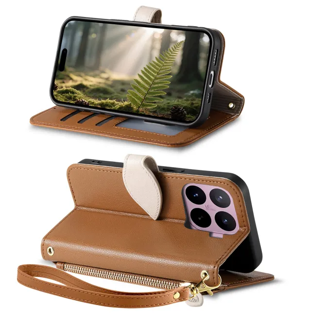 Housse Xiaomi 17T Pro Fermoir Feuille et Poche Zippée