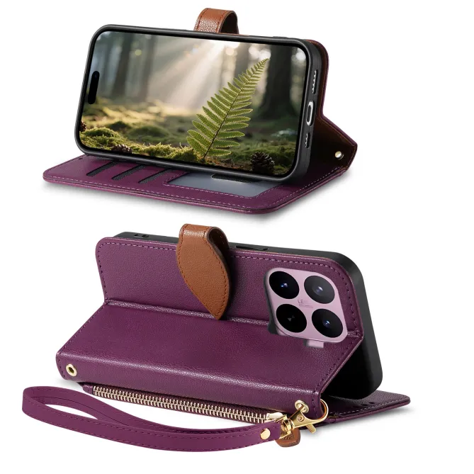 Housse Xiaomi 17T Pro Fermoir Feuille et Poche Zippée