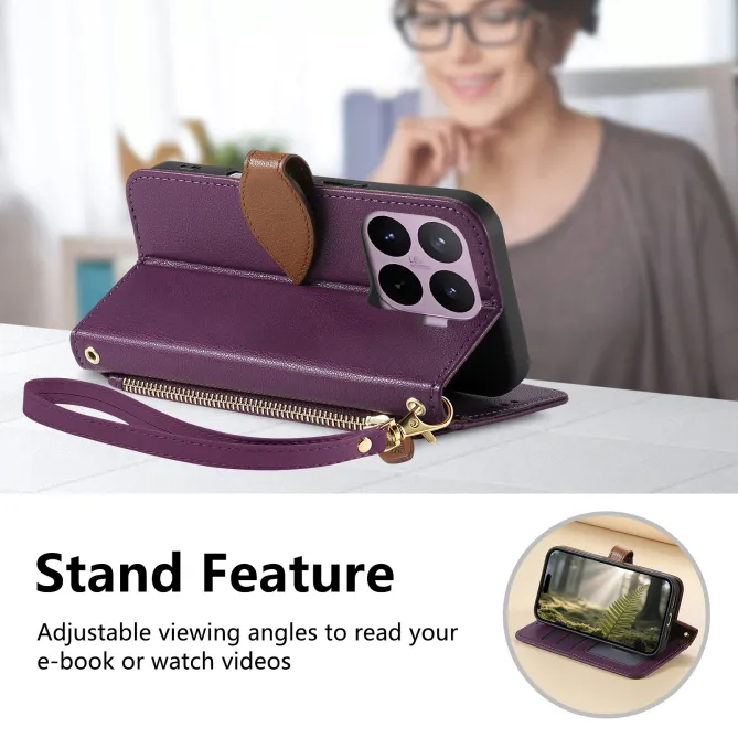 Housse Xiaomi 17T Pro Fermoir Feuille et Poche Zippée