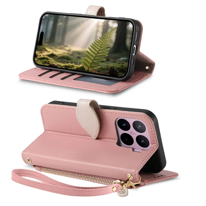 Housse Xiaomi 17T Pro Fermoir Feuille et Poche Zippée