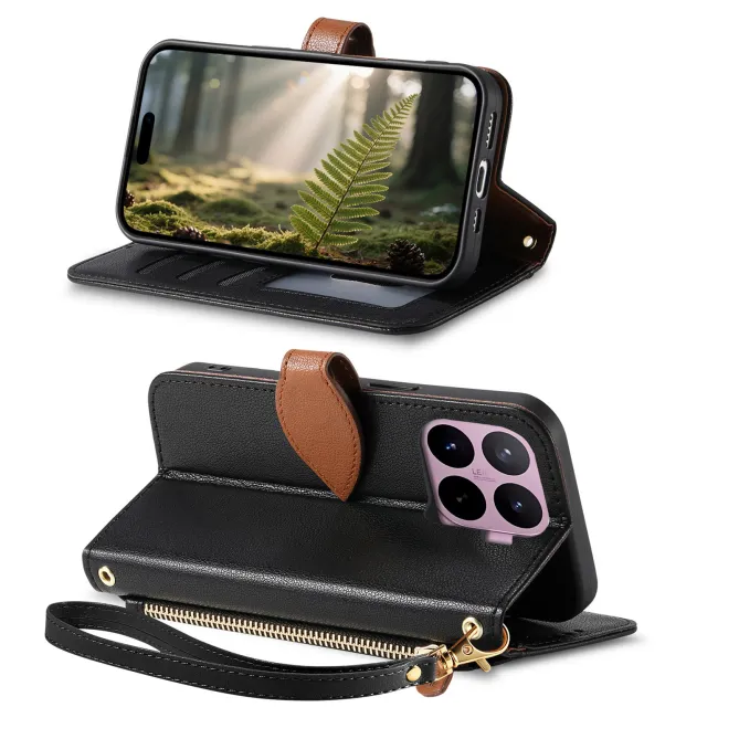 Housse Xiaomi 17T Pro Fermoir Feuille et Poche Zippée