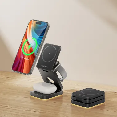 Chargeur Sans Fil Pliable 3 en 1 Veilleuse Tactile