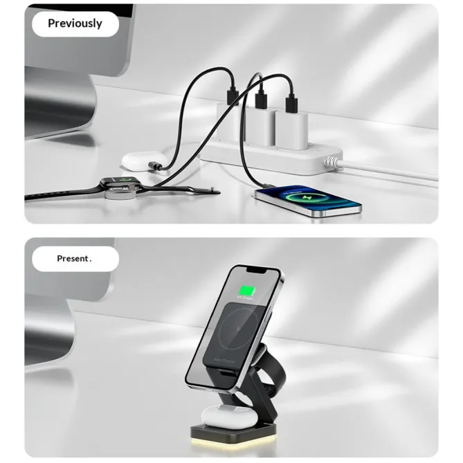 Chargeur Sans Fil Pliable 3 en 1 Veilleuse Tactile