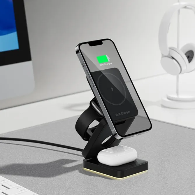 Chargeur Sans Fil Pliable 3 en 1 Veilleuse Tactile