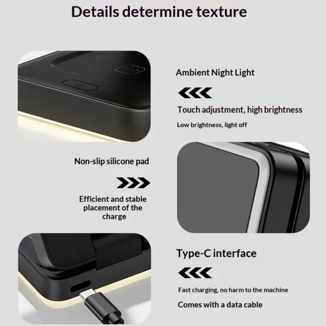 Chargeur Sans Fil Pliable 3 en 1 Veilleuse Tactile