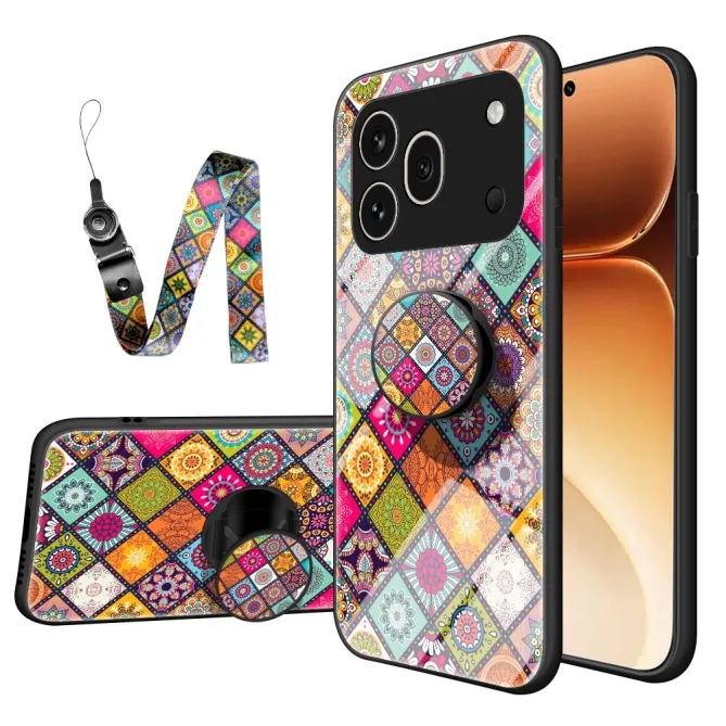 Coque Honor 600 Pro Verre Trempé Patchwork Mandala avec Support et Lanière