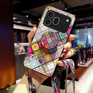 Coque Honor 600 Pro Verre Trempé Patchwork Mandala avec Support et Lanière