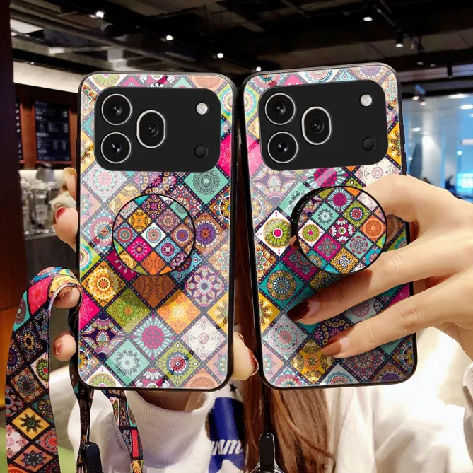 Coque Honor 600 Pro Verre Trempé Patchwork Mandala avec Support et Lanière