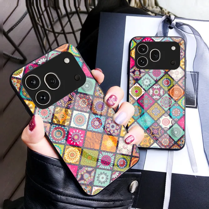 Coque Honor 600 Pro Verre Trempé Patchwork Mandala avec Support et Lanière