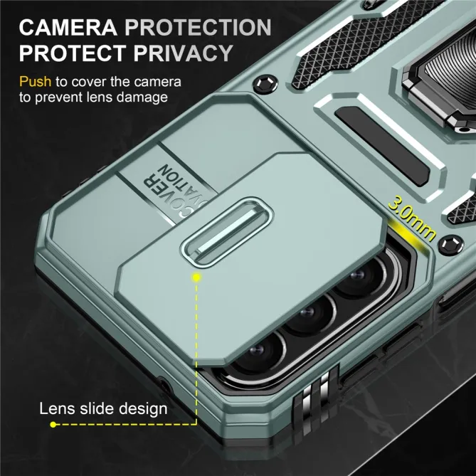 Coque Samsung Galaxy A27 Cache Caméra Coulissant et Anneau Béquille