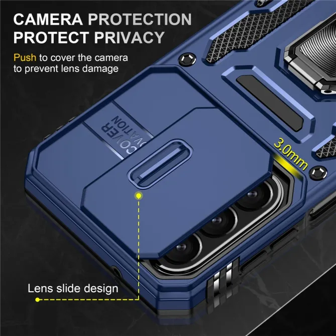 Coque Samsung Galaxy A27 Cache Caméra Coulissant et Anneau Béquille