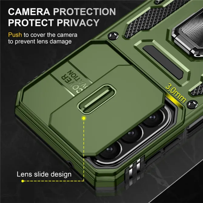 Coque Samsung Galaxy A27 Cache Caméra Coulissant et Anneau Béquille