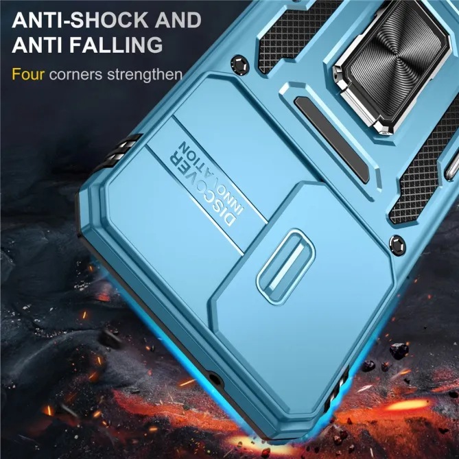 Coque Samsung Galaxy A27 Cache Caméra Coulissant et Anneau Béquille